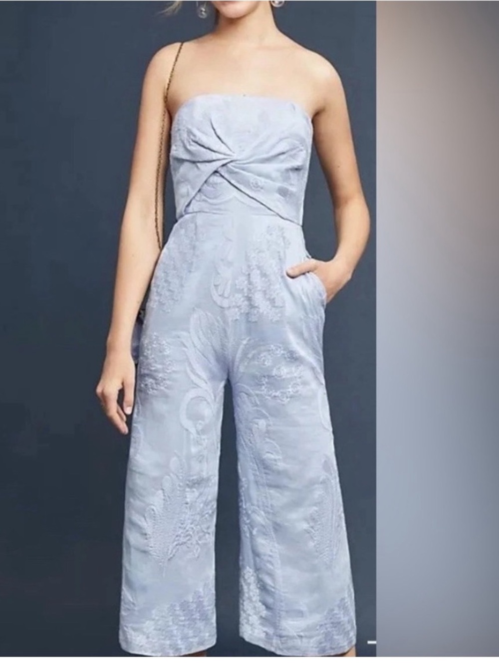 Aijek Light Blue Embroidered Wide Leg Jumpsuit Size 3 / M Strapless Floral